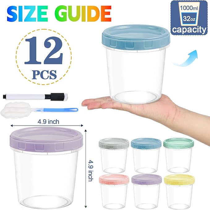 12pcs 32 oz Plastic Containers with Screw Top Lids, Reusable Clear Food Storage Containers with Pen and Brush, Leakproof Freezer Soup Containers, Microwave & Dishwasher Safe