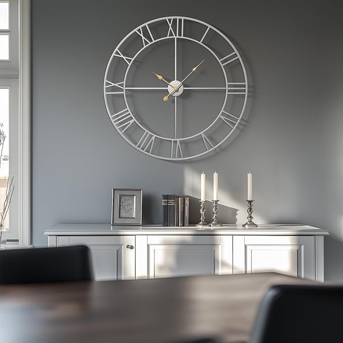 30 Inch Large Wall Clock, Modern Silver Metal Big Decorative Wall Clock Home Decor, Battery-Operated Roman Numeral Analog Metal Round Wall Clocks for Living Room, Bedroom, Office