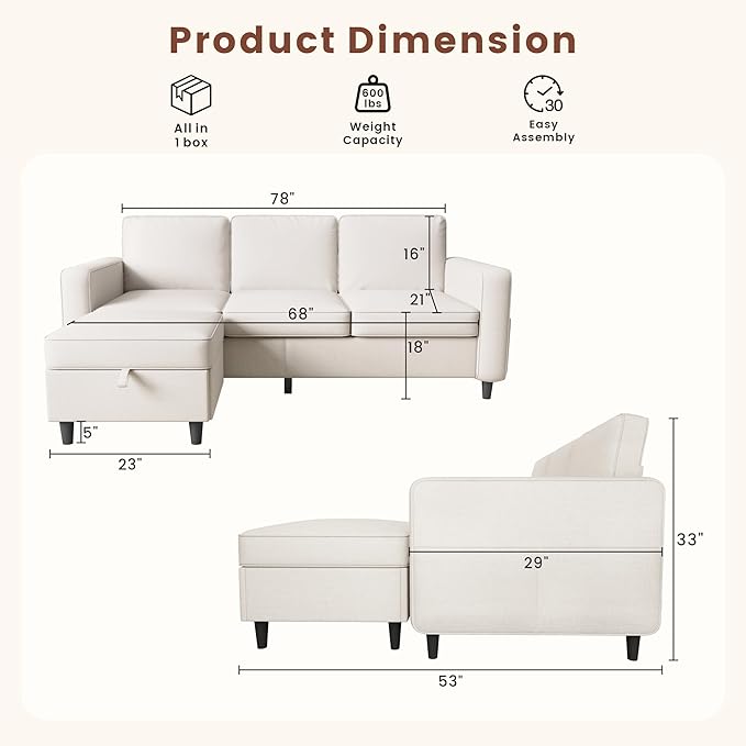 Sectional Couches for Living Room - Deep Seater Couch Living Room-Comfy L Shape Modular Sofa,with Storage Chaise-Washable Covers-Suitable for Living Rooms,Apartments,Rooms and Offices-Beige,USB