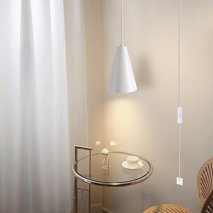 White Plug In Pendant Lights Kitchen Island,Dining Room Light Fixtures Over Table 1 Pack with Cone Metal Shade, Modern Farmhouse Mini Chandeliers with Cord On/Off Switch Hanging Lighting for Sink