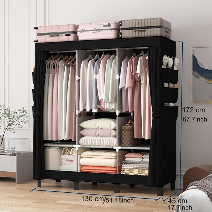 Portable Closet, Clothes Storage Box, Simple Wardrobe for Hanging Clothes, Multiple Shelves and 3 booms,6 Side Pockets (Black)” (Black, Large)