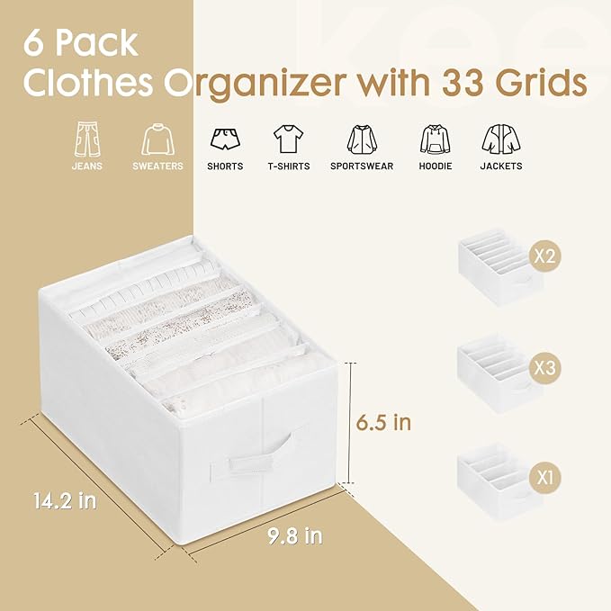 Criusia 6 Pack Large Clothes Organizer, Wardrobe Closet Organizer and Storage with Handles, Foldable Fabric Closet Organizers Dividers for Clothing, Pants, Jeans, Sweater, T-shirts, White