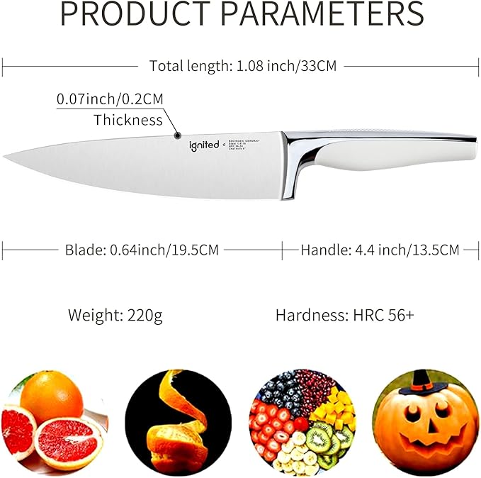 8 inch Mirror Polished Chef Knife, German 1.4116 High Carbon Stainless Steel Chefs Knife with White ABS & Stainless Steel Handle, Razor Sharp Kitchen Knife for Home & Restaurant