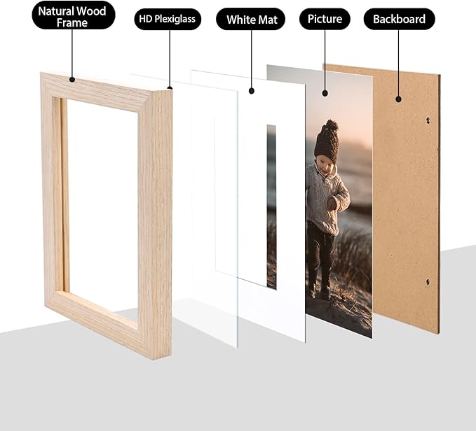 KINLINK A5 Picture Frame Natural, Solid Wood Frames with Acrylic Plexiglass for Pictures 4x6 with Mat or A5 without Mat, Tabletop and Wall Mounting Display, Set of 4
