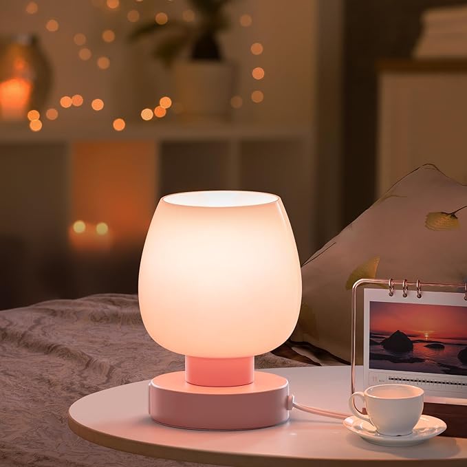 ONEWISH Pink Touch Table Lamp with USB Charging - 3 Way Dimmable Small Lamp for Bedroom, Warm LED Bulb Included, 2 Packs