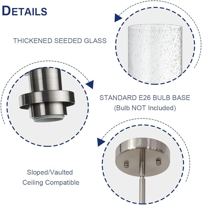 Pendant Light Fixture in Brushed Nickel Finish, 1-Light Modern Hanging Lighting Over Table, Adjustable Kitchen Island Lighting for Hallway Bedroom Office Bar Farmhouse