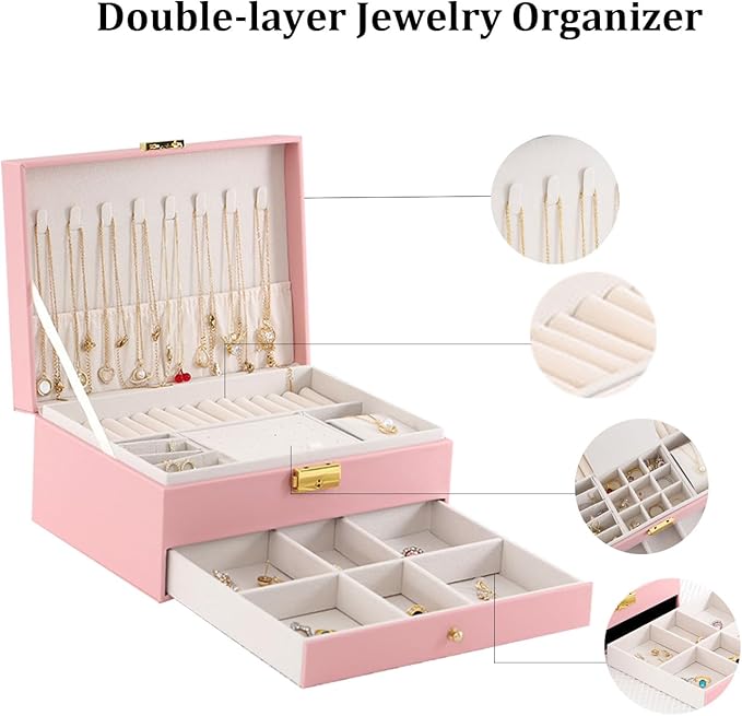 Jewelry Organizer Box for Women - Large PU Leather Jewelry Organizer Storage Case with Two Layers Display for Earrings Bracelets Rings Watches (Pink)