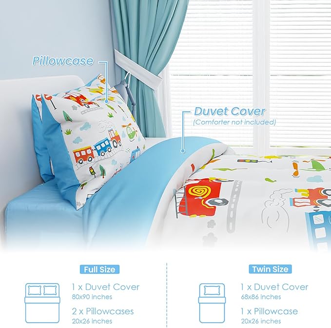 SANDJEST Transportation Duvet Cover Sets Twin Size for Kids Boys, Include 1 Polyester Comforter Cover 68x86 Inches and 1 Pillowcase 20x26 Inches, Comforter Not Included, Gift for Christmas Birthday