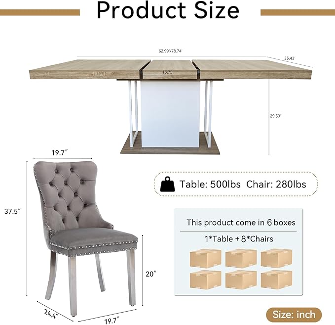 Goujxcy 78.7" Farmhouse Extendable Dining Room Table Set for 8, 9-Piece Rectangle Kitchen Dining Room Table Set with Wood Base and 8 Grey Velvet Dining Chairs, Extending Kitchen & Dining Table Set