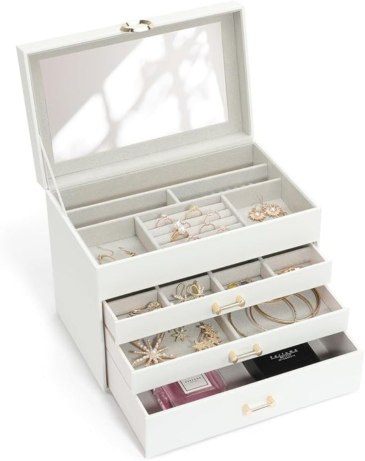Jewelry Box with Mirror，Jewelry Holder Organize with 3 Drawer，4-Layer Jewelry Box for Women Girls，Large Jewelry Storage Box. (White
