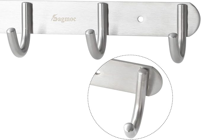 Towel Hook Rack Brushed Nickel - Sagmoc 11-Inch Coat Hook Rail Wall Mounted with 4 Hooks, Durable Wall Hangers for Bedroom, Bathroom, Foyer, Hallway (304 Stainless Steel)