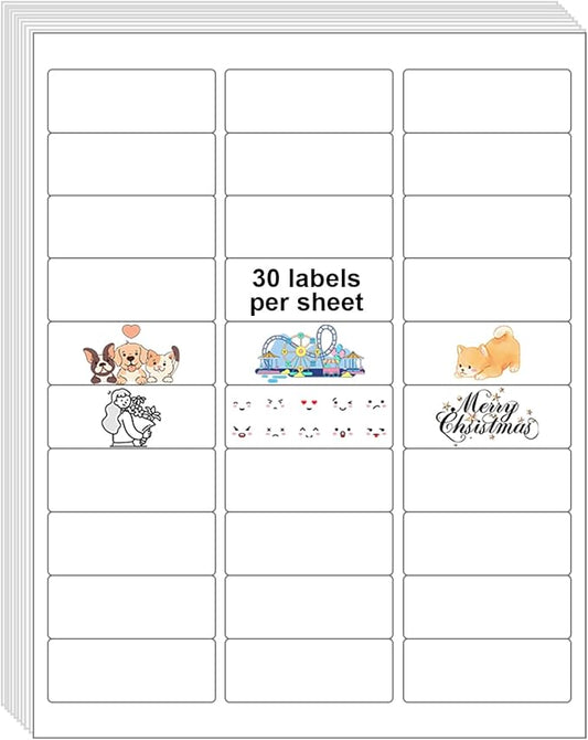30 UP 6000 Stickers 200 Sheets 1" x 2-5/8" Shipping Return Address Labels for Laser Inkjet Printer, White Blank Mailing Labels