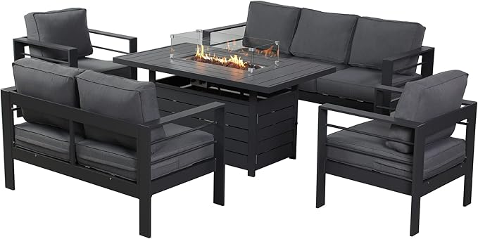 Wisteria Lane 7 Seats Aluminum Outdoor Patio Furniture Set with 54 Inch Propane Gas Fire Pit Table, Modern Patio Conversation Sets with Outdoor Sectional Couch for Backyard, Garden, Dark Grey