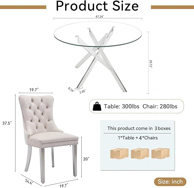 Goujxcy 5 Piece Round Glass Dining Table Set for 4, 47" Round Dining Table & Chair Set Modern Circle Glass Kitchen Table and 4 Velvet Upholstered Chairs for Kitchen Dining (Silver Table & Beige Chair)