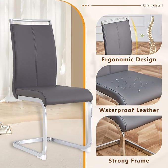 63'' Glass Dining Table Set for 4, Kitchen Table Chairs Set of 4, Clear Glass Dining Table with White unique design Leg and Silver Metal Base, 4 PU Dining Chairs with Metal Legs, Living Room, Kitchen.