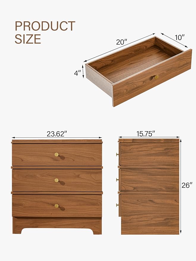 3 Drawer Nightstand with Charging Station,24" Farmhouse Night Stand & Modern Bedside Table, Wood End Table Storage Cabinet for Bedroom Hallway, Entryway,Brown