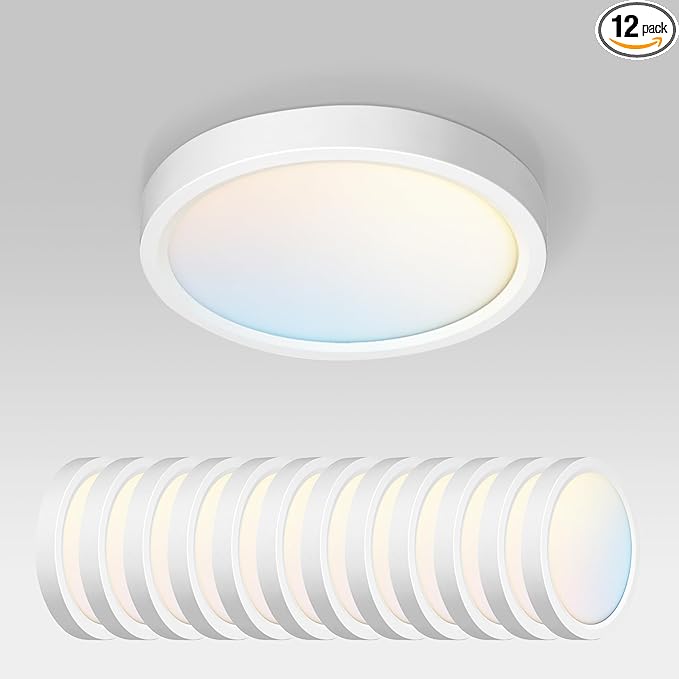ASD LED 7" Round Flush Mount Ceiling Light Fixture, Low Profile Surface Lighting | 5CCT, Dimmable, Ultra-Thin, ETL Listed | 15W 1260LM 2700-6000K 120V | Kitchen, Bedroom, Hallway Lamp | White, 12 Pack