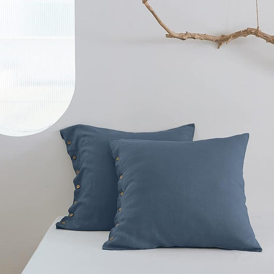Simple&Opulence 100% Washed Linen Euro Sham Cover, 26 x 26 Inch, Decorative Bed Pillow Cover with Coconut Button, Solid Color Pillow Shams Set of 2 (Classic Blue)