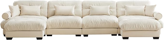 Ball & Cast 166" U Shaped Couch Sectional Couch,4 Seater Modular Couchs with Round Bolster Armrest,6 Pillows,Waist Pillows,Modern Corner Sofa w/ 2 Removable Ottomans,for Living Room,Cream