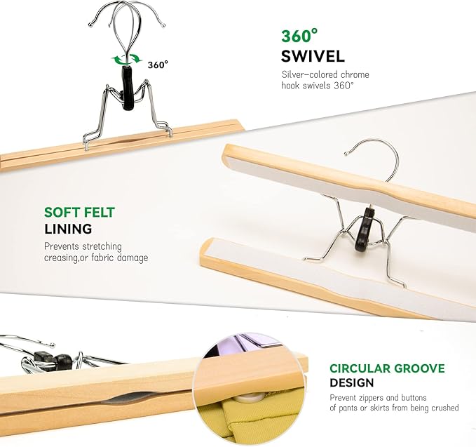 Nature Smile Wooden Pants Skirt Hangers, Smooth Finish Solid Wood Non Slip Jeans Slack Clamp Hangers Hair Extension Hangers (10 Pack Natural)…