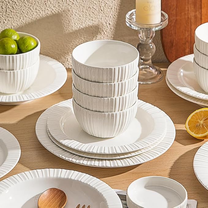 MDZF SWEET HOME 12-Piece White Ceramic Dinnerware Set - Rhine Series, Service for 4, Includes Bowls, Flat & Deep Plates, Microwave & Dishwasher Safe