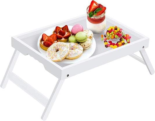 Artmeer Bed Tray Table with Folding Legs,Bamboo Breakfast in Bed for TV Table, Laptop Computer Tray,Eating,Snack Tray (White) Extra-Large Size