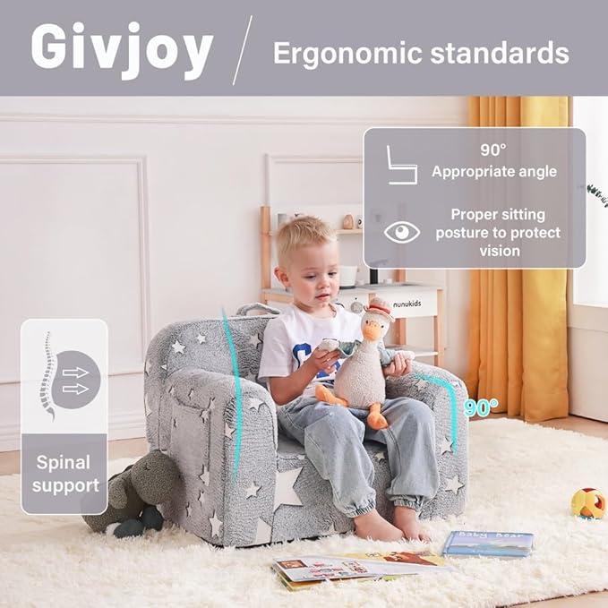 Toddler Chair Plush Kids Couch, Comfy Glow in The Dark Armchair with Removable and Washable Cover Carrying Handle Kids Sofa, Convertible Reading Chair Toddler Couch for Girls and Boys