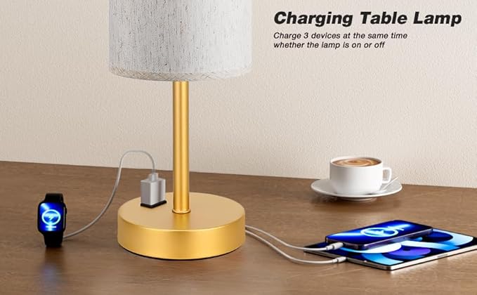 Touch Table Lamp - Cream, 3-Way Dimmable, USB A + C Charging, AC Outlet, 17.4inch Medium, Gold Metal Base