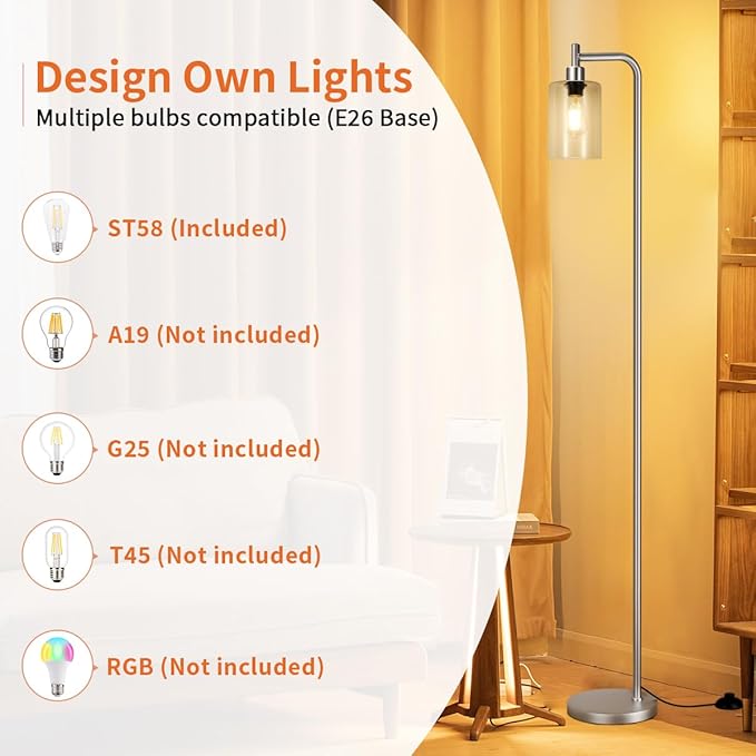 Floor Lamps for Living Room - Industrial Standing Lamp with Glass Shade, Modern Floor Lamp with LED Bulbs, Tall Lamp for Bedroom Office - Brushed Nickel