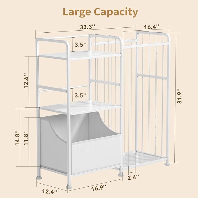 BBLIKE Stuffed Animal Storage - Stuffed Animal Net with Kids Bookshelf and Toy Organizer, 2-Tier White Bookshelf with Stuffed Animal Holder and Fabric Toy Chest for Kids Room, Playroom, Nursery, White