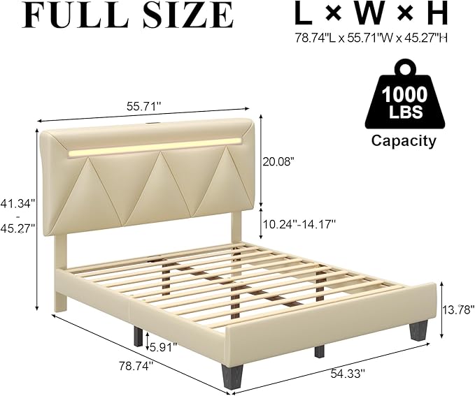 Full Size Bed Frame with LED Lights and Charging Station, Faux Leather Linen Fabric Adjustable Headboard,Modern Upholstered Bed, Sturdy Wood Slat Support, Easy Assemble, Beige