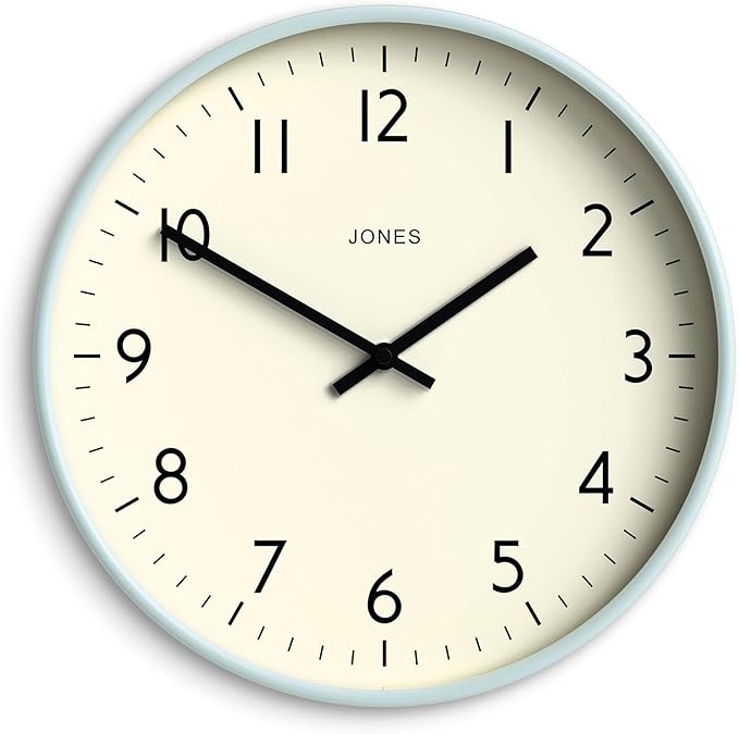 JONES CLOCKS® Studio Wall Clock | Modern Round Clock | 12 inch | Pale Blue | Easy to Read Numbers | Versatile Design for Kitchen, Living Room or Office