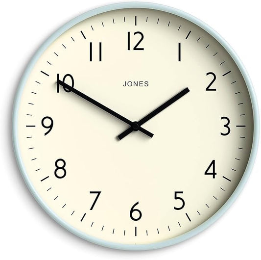 JONES CLOCKS® Studio Wall Clock | Modern Round Clock | 12 inch | Pale Blue | Easy to Read Numbers | Versatile Design for Kitchen, Living Room or Office