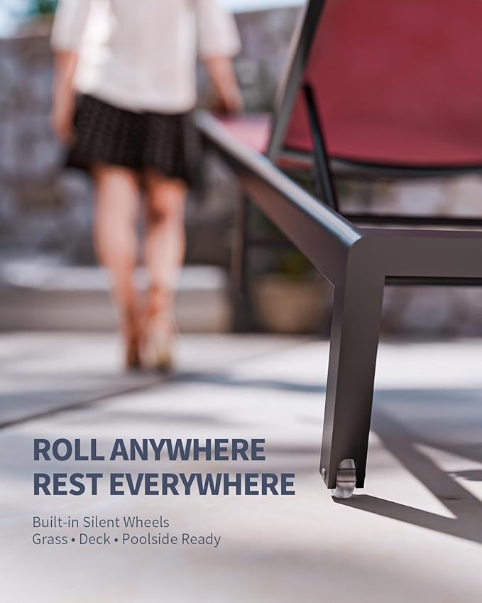 Aluminum Lounge Chairs Outdoor Chaise Furniture,2 Sets Patio Metal Deck Lounger Adjustable 5-Position Poolside Chase Recliner with Wheels for Beach,Coffee Table, (Red, 2 Chair)