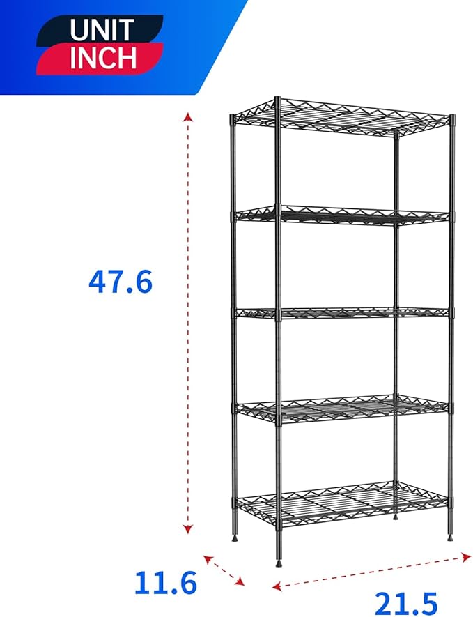 PayLessHere Metal Shelf Shelving Unit Wire Shelving with 5 Tier NSF Certified Closet Shelves Storage Garage Shelves for Home Kitchen Office Warehouse Wire Rack Shelf Standing Shelf Units, Black