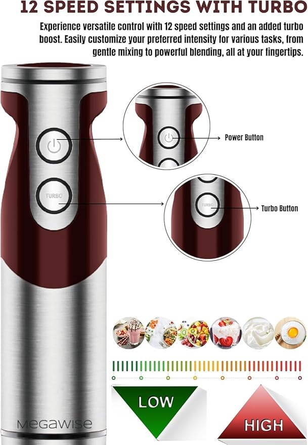 3-in-1 Immersion Hand blender, Powerful MOTOR & Stainless Steel Stick Blender, 4 Sharpe Blades with Whisk, Milk Frother Attachments