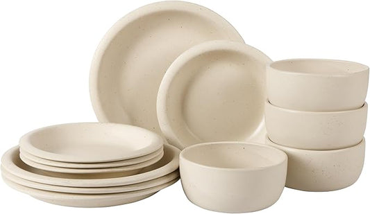 Bloomhouse Corsica Clay 12 Piece Stoneware Rustic Reactive Glaze Dinnerware Set - Stackable Plates and Bowls Set. Service for 4 - Matte Sea Salt White