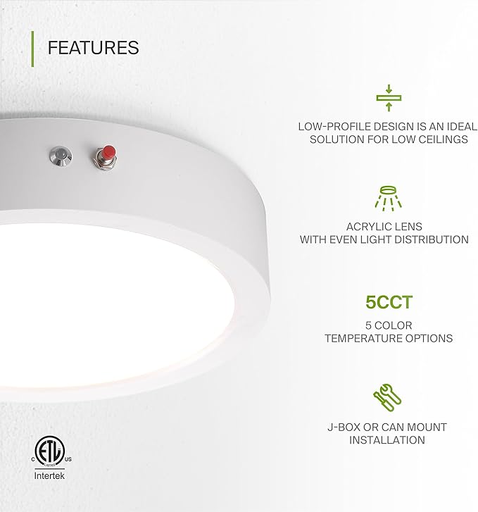 ASD LED 9" Round Flush Mount Ceiling Light Fixture, Low Profile Surface Lighting | 5CCT, Dimmable, Battery Backup, ETL Listed | 18W 1600LM 2700-6000K 120V | Kitchen, Hallway Lamp | White, 12 Pack