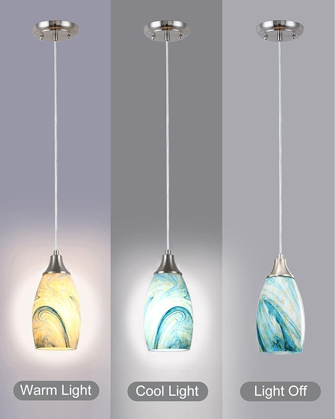 Art Glass Mini Pendant Lights for Kitchen Island Blown Art Glass Pendant Light Shade Hanging Ceiling Lights with Brushed Nickel Finish for Kitchen Counter bar,Dining Room Blue Mixing Yellow-1P