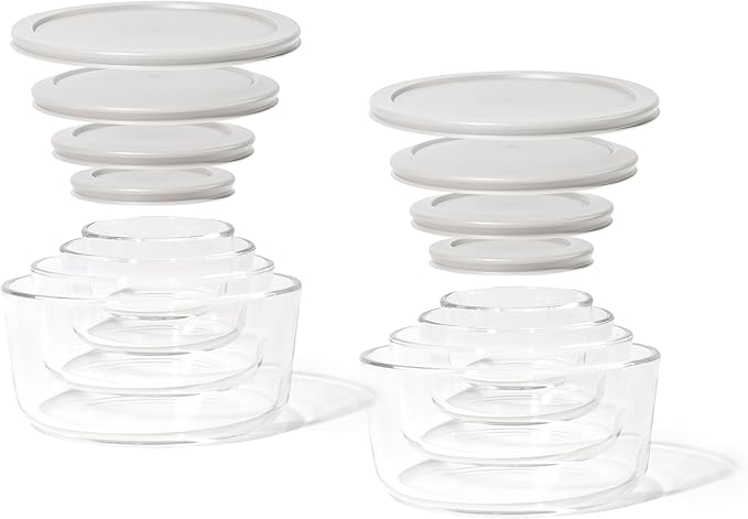 16-Piece Glass Food Storage Containers Set (8 Containers + 8 Lids) | Round, Nesting, Microwave & Dishwasher Safe | BPA-Free, Space-Saving | Grey Lids for Pantry & Kitchen Organization