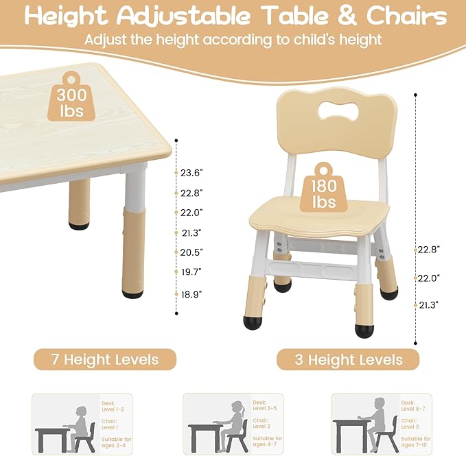 GAOMON Kids Table and 4 Chairs Set with Graffiti Desktop, Height Adjustable Toddler Table and Chairs Set for Reading, Drawing, Playing, Eating