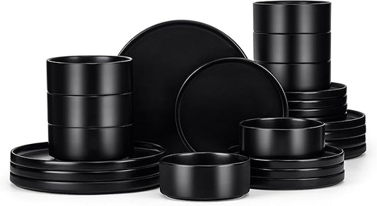 E-far Black Dinnerware Sets for 8, 24-Piece Stoneware Plates and Bowls Dish Set, Modern Kitchen Dinning Dishware, Chip and Scratch Resistant, Microwave & Dishwasher Safe, Matte Black