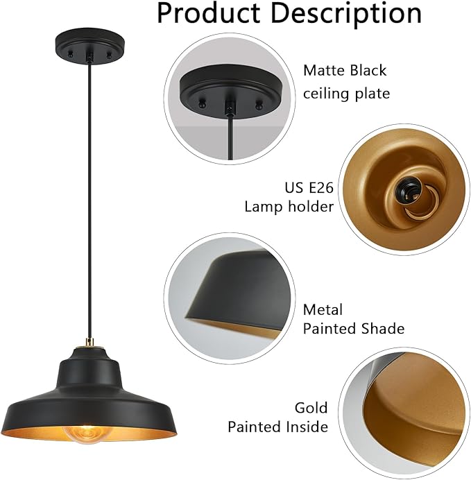 12 Inch Black Pendant Light Fixture,Farmhouse Hanging Lamp Adjustable Height Dome Pendant Lights for Kitchen Island Dining Room,3 Pack