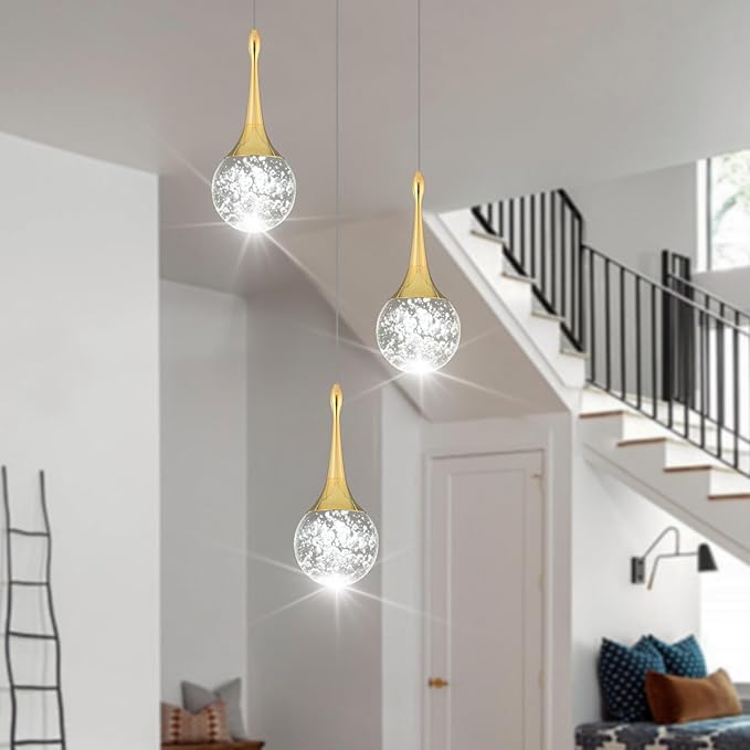 Flashing God 3 Pendant Lights Gold Farmhouse Light Fixtures Kitchen Island Lighting Small Crystal Hanging Chandeliers Modern Ceiling Pendant Light for Dinning Room Bedroom Hallway Bar