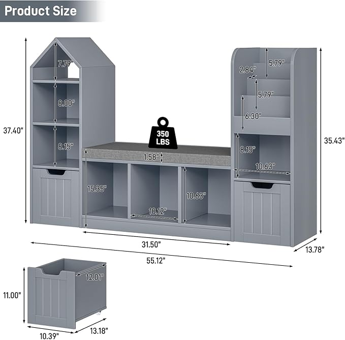 Kids Bookcase and Bookshelf with Reading Nook, Toy Storage Organizer for Kids, Grey Bookcase with 7 Storage Cubbies 2 Movable Drawers and Seat Cushion for Kids Room, Playroom, Bedroom