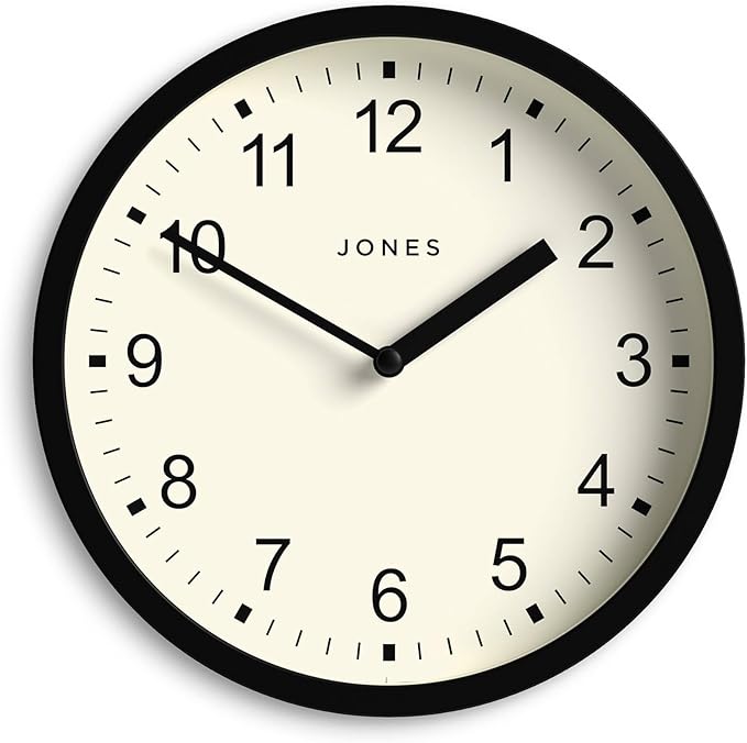 JONES CLOCKS® Spin Wall Clock | Small Modern Round Clock | 8 inch | Black | Easy to Read Numbers | Ideal for Kitchen, Office, Children’s Room or Any Small Space