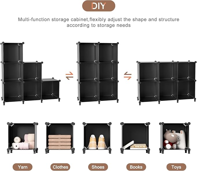 Neprock Closet Organizer, 6 Cube Closet Organizers and Storage, Portable Closet Storage Shelves, Clothes Storage Organizer Bookcases for Kids, Closet, Bedroom, Bathroom,Office（Black）