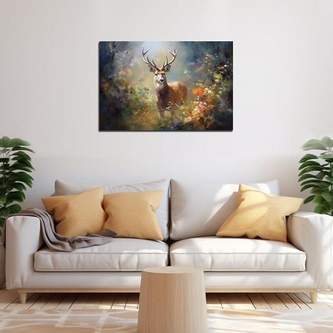 Deer Wall Art Decor Elk Canvas Pictures Forest Landscape Theme Art Print Wildlife Canvas Artwork for Living Room Watercolr Animal Canvas Art for Bedroom Bathroom Home Office Decorations(24"×36")