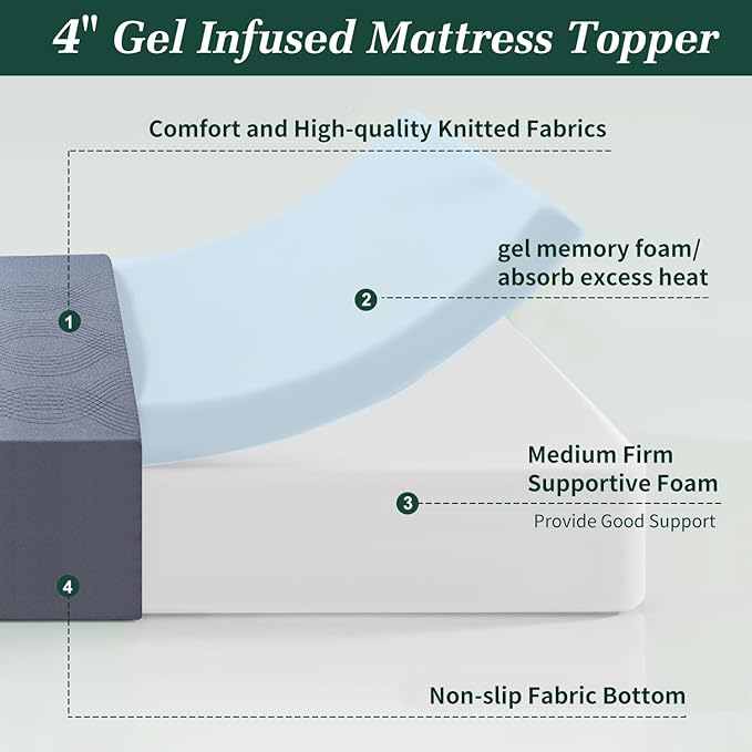VECELO Gel Infused Memory Foam Mattress Topper Queen Size, 4 Inch Fresh Cooling Mattress Pad with Washable Cover for Queen Mattress, Pain Pressure Relieve Bed Topper, Breathable, Comfort