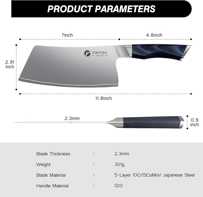 FINTISO Cleaver Knife 7 In, Kitchen Butcher Knife with G10 Ergonomic Handle, High Carbon Steel Vegetable Meat Cleaver, Heavy Duty Bone Chopper for Home and Restaurant